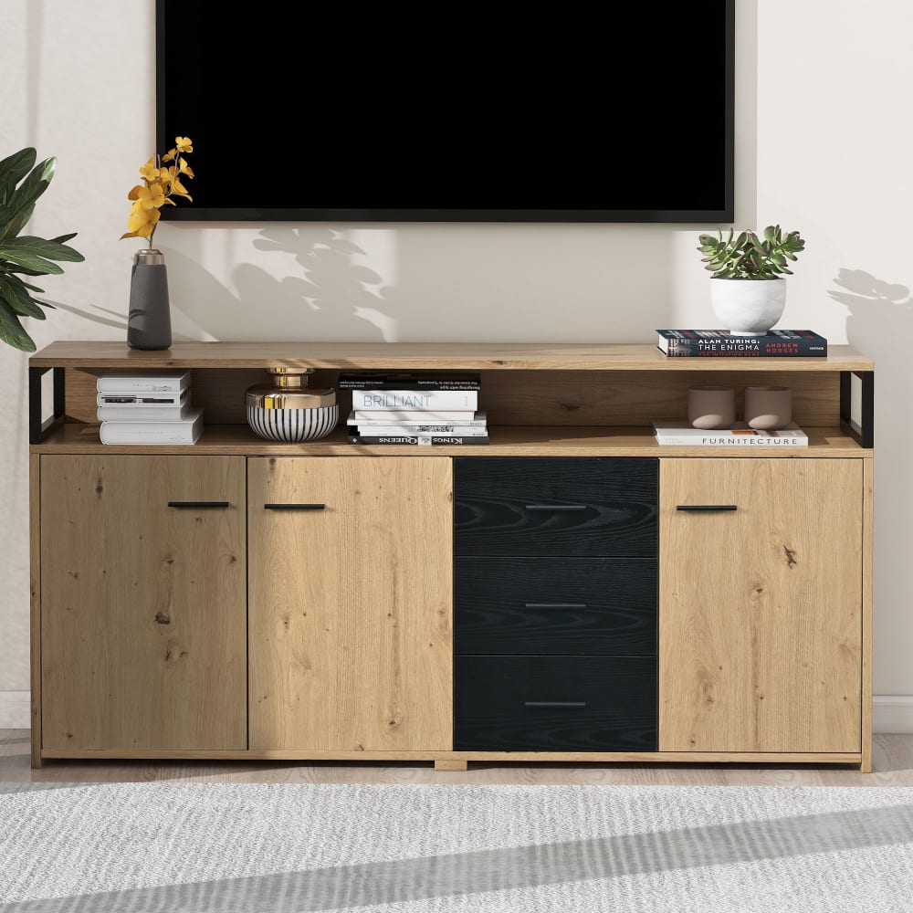 Urban Meuble Buffet industriel effet bois avec 3 portes et 3 tiroirs rangement Beige 150x76x35cm