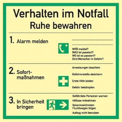 Aufkleber Verhalten im Notfall ISO 7010, Folie, langnachleuchtend, 180x180 mm