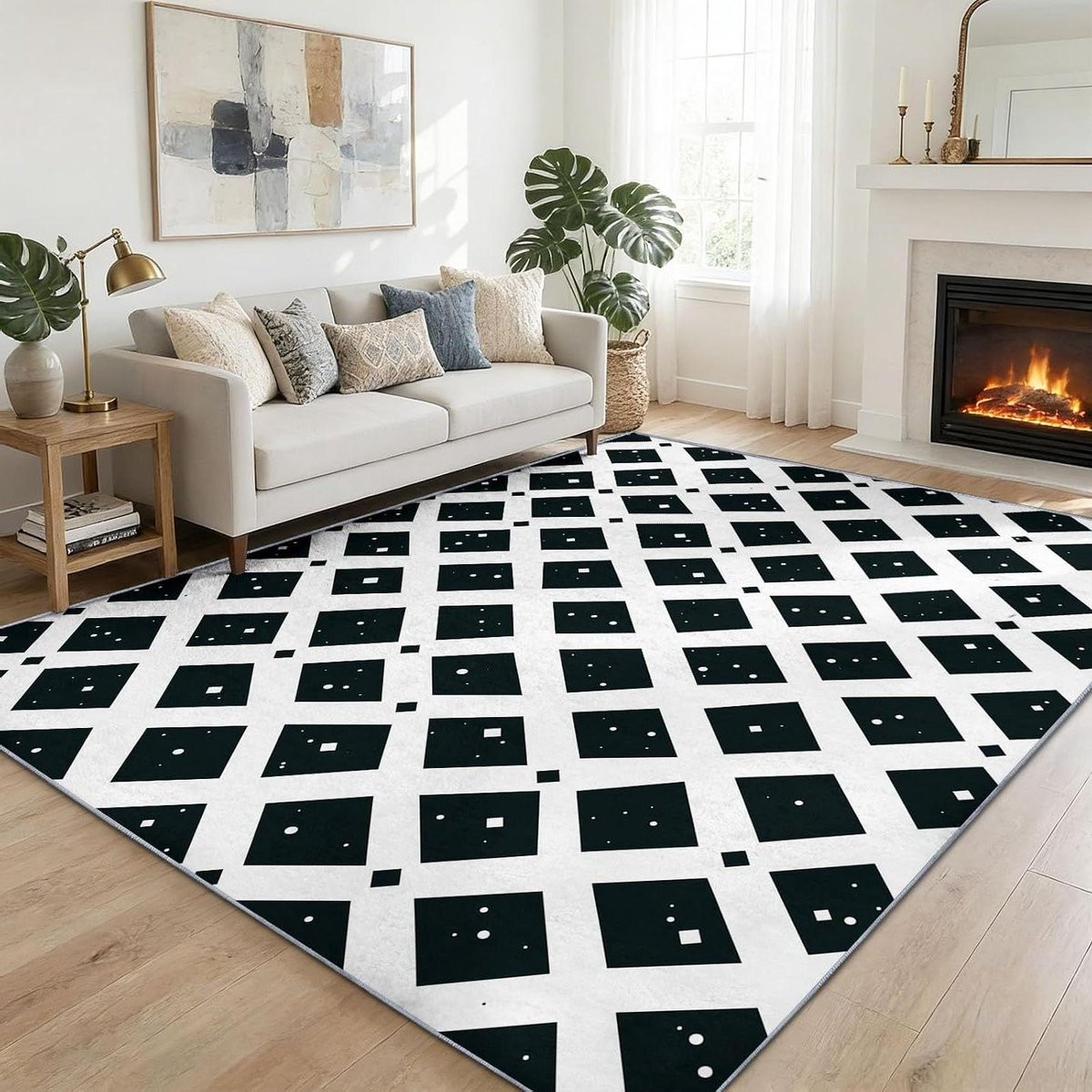 Modern geometrisch vloerkleed zwart-wit, rechthoekig en laagpolig