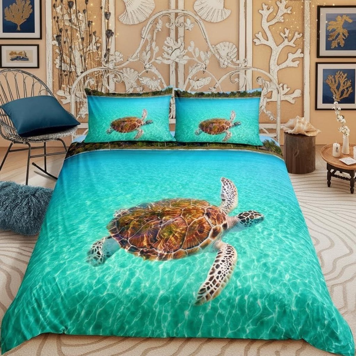Dekbedovertrek set voor kinderen met vrolijk zeedieren design, Meerkleurig, 135 x 200 cm
