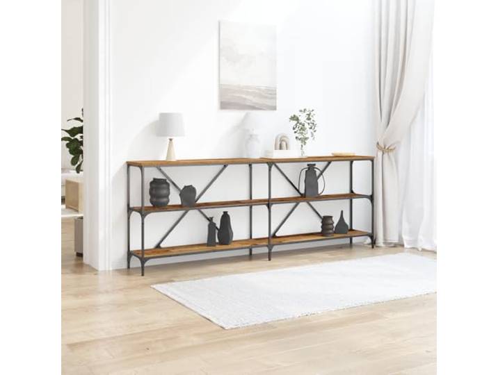 HEFZGDB Konsolentisch Altholz 200x30x75 cm Holzwerkstoff und Stahl Industrial-Stil mit DREI gestuften Regalen rustikales Design brauner Holzoberfläche schwarzer Metallrahmen Stauraum
