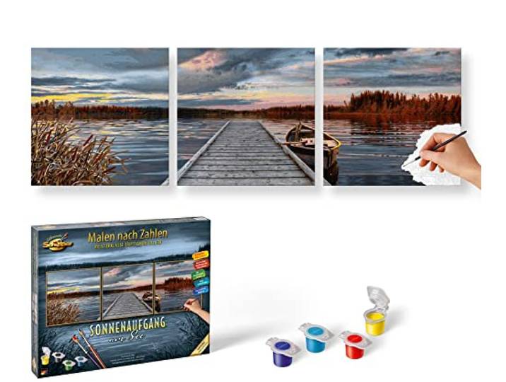 Schipper 609470754 Malen nach Zahlen, Sonnenaufgang am See - Bilder malen für Erwachsene, inklusive Pinsel und Acrylfarben, 40 x 120 cm