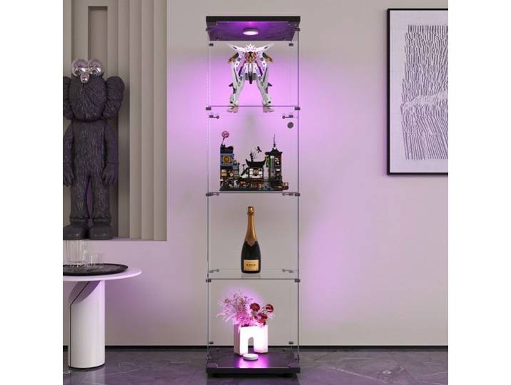 Vitrine en verre 42×36×164cm GARHELPER - 4 étages - Porte simple - Verre trempé - Lumière LED - Noir