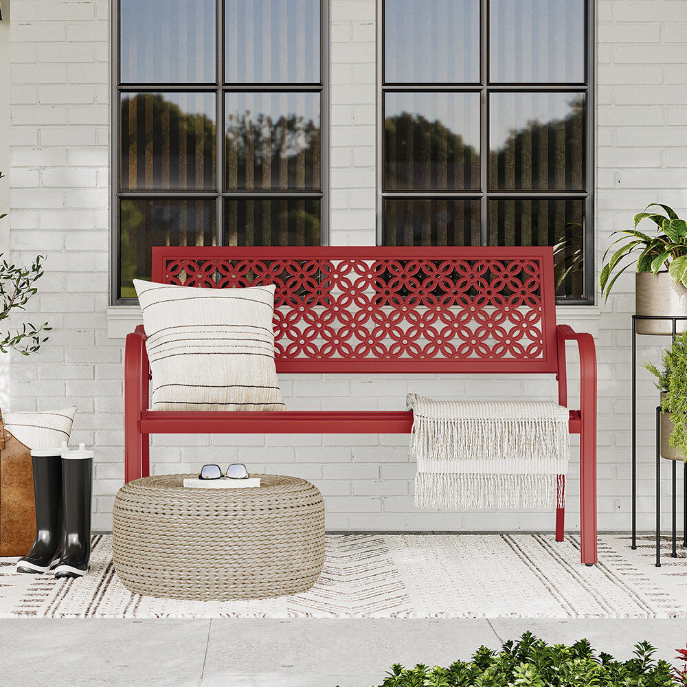 Blue Elephant Powder Coated Steel Outdoor Bench Red 85.72cm H X 125cm W X 61cm D