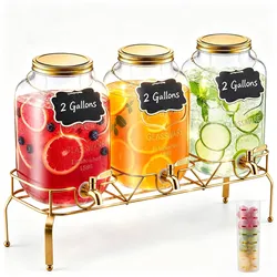 VEVOR Getränkespender (3 x 8 L) für Partys Saftspender (aus Glas) mit tropfsicherem Zapfhahn & Metallständer Wasserspender für Restaurants Partys, Limonade Eistee selbstgemachte Getränke Spender