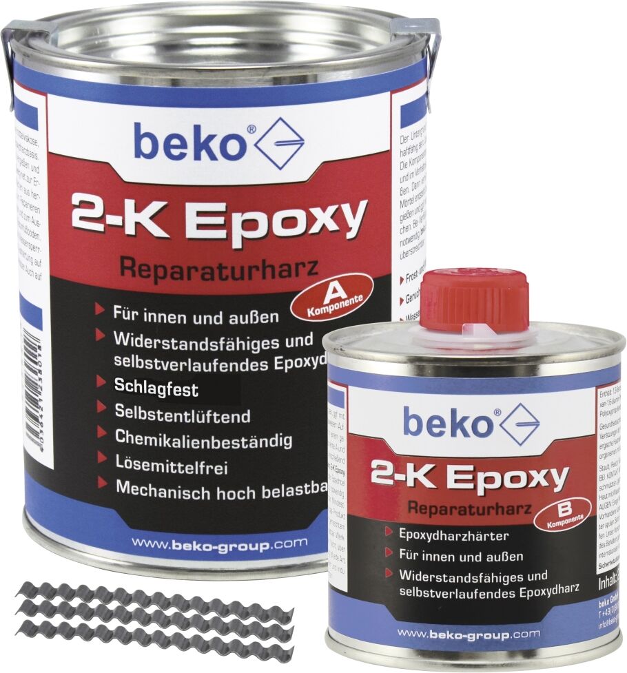 Beko 2-Komponenten Epoxy Reparaturharz, 1 kg, betongrau, inkl. 10 Estrichklammern 6 x 70 mm im Beutel