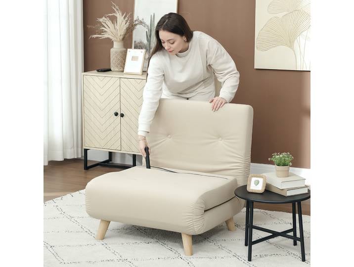 Fauteuil convertible avec fonction lit, fauteuil inclinable pliable avec dossier réglable, aspect velours, oreiller décoratif, pour salon, beige