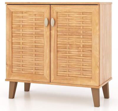 Costway 2-Door 4-Tier Shoe Cabinet Storage Organizer with Ventilated Woven Doors-Teak
