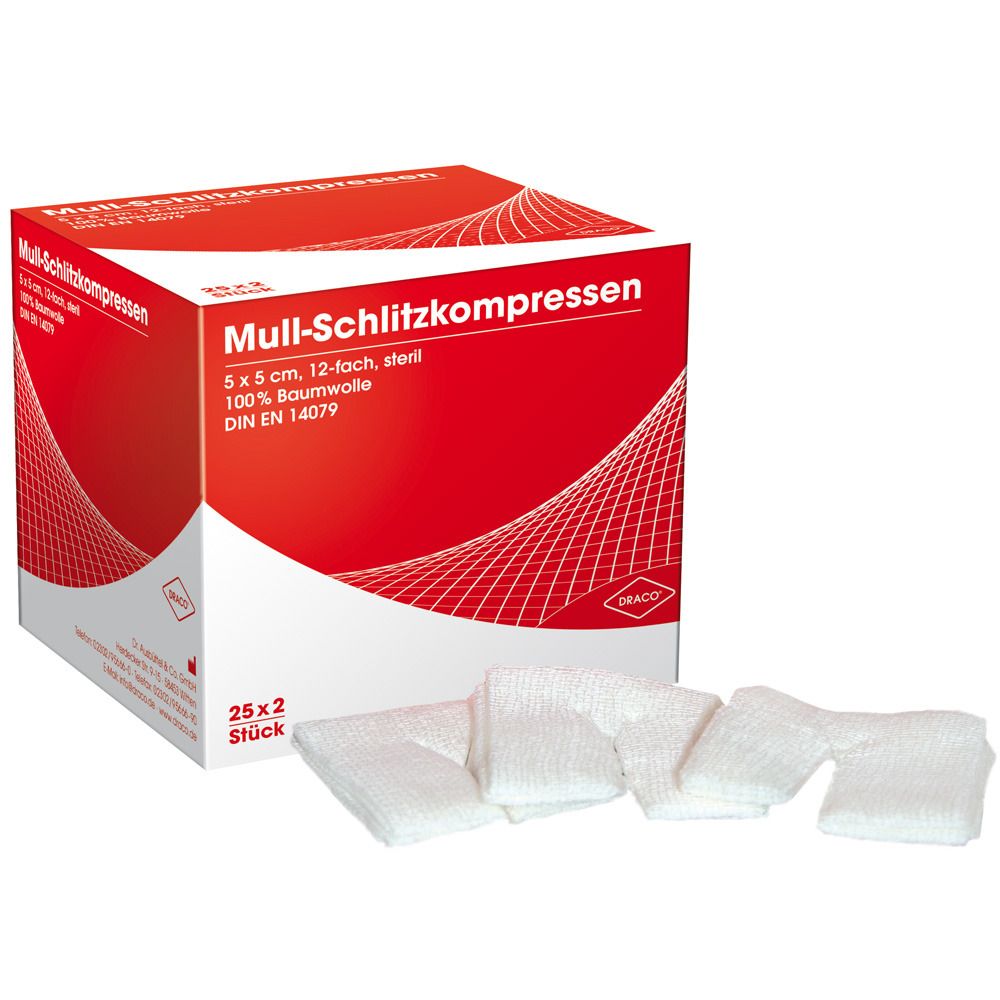 Schlitzkompressen Mull 5x5 cm steril 12fach 25x2 St Kompressen