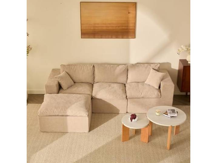 Modulares Ecksofa 265 cm mit Schlaffunktion, Chenille-Bezug, Sandbeige 4 Teile, Modulares L-Form Sofa 265 cm, frei kombinierbar, extra dick gepolstert, cloudweicher Sitzkomfort, ohne Montage
