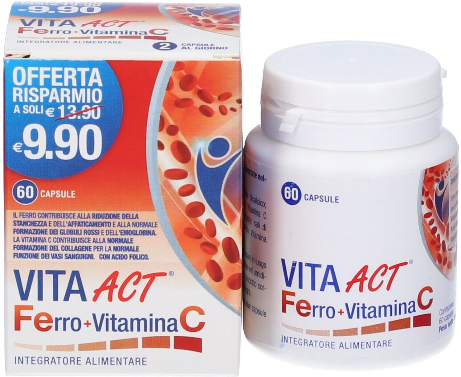 F&F Srl Vita Act Integratore Ferro + Vitamina C, 60 Capsule