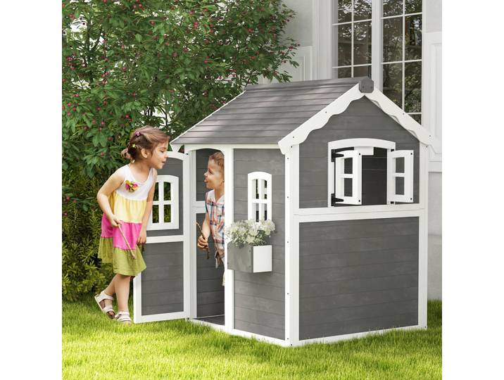 Outsunny Spielhaus für Kinder, Indoor- und Outdoor-Haus mit Tür, Fenstern, Grau, Holz, 104.5x137x110 cm, Freizeit & Co, Gartenspielzeug, Spielhäuser