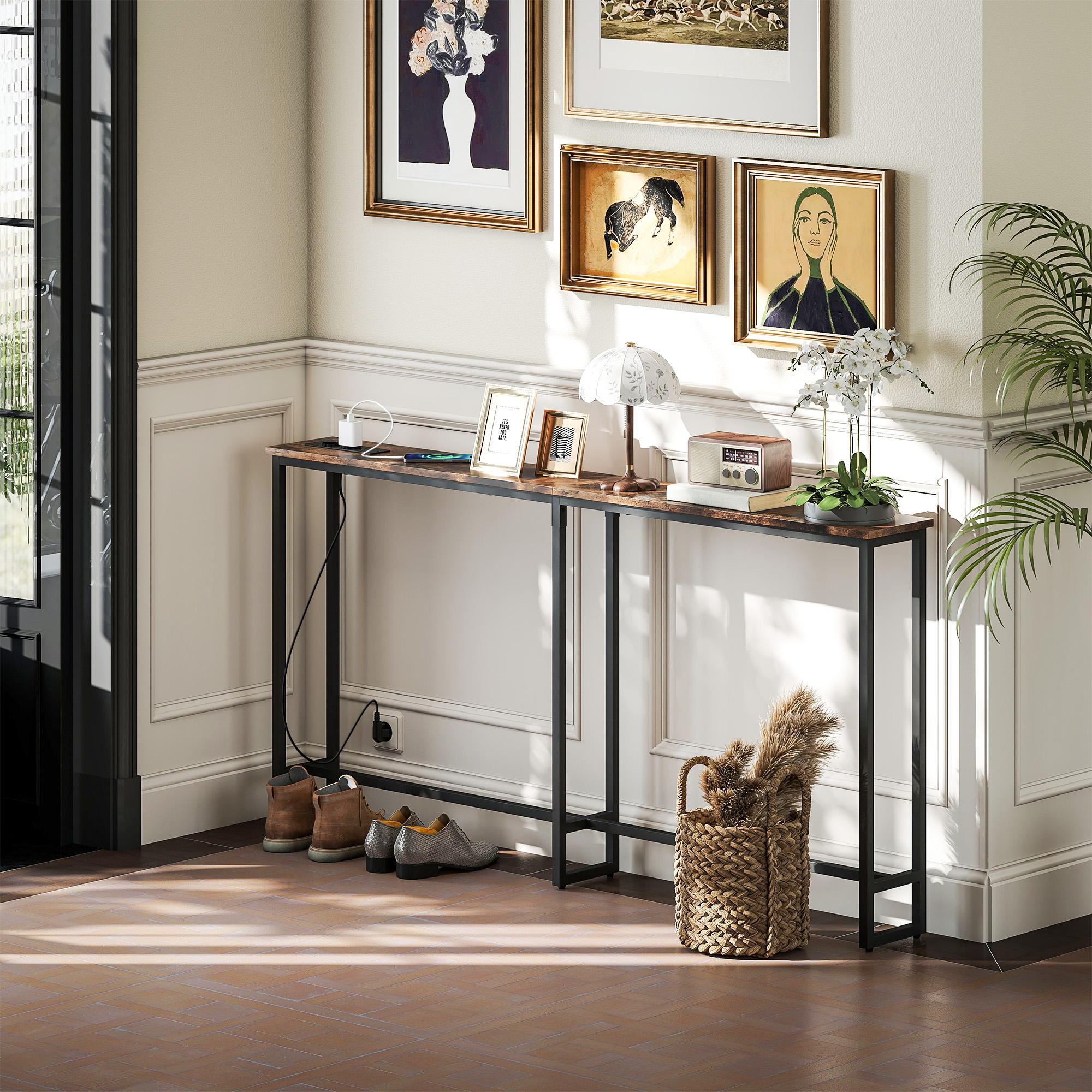 Homcom Tavolo Consolle in Stile Industriale con Stazione di Ricarica, in Legno e Acciaio, 160x20x80 cm, Marrone
