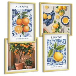 BILDER SET 4er Set - 50x50 cm & 40x60 cm Goldrahmen - Illustrationen von Zitrusfrüchten