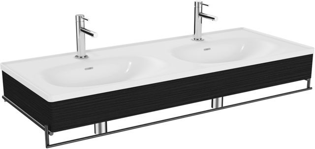 VitrA Equal Doppelmöbelwaschtisch-Set 64097 132,5x52cm, Möbelwaschtisch asymmetrisch, weiß, Handtuchhalter, mit Holzblende schwarz-eiche