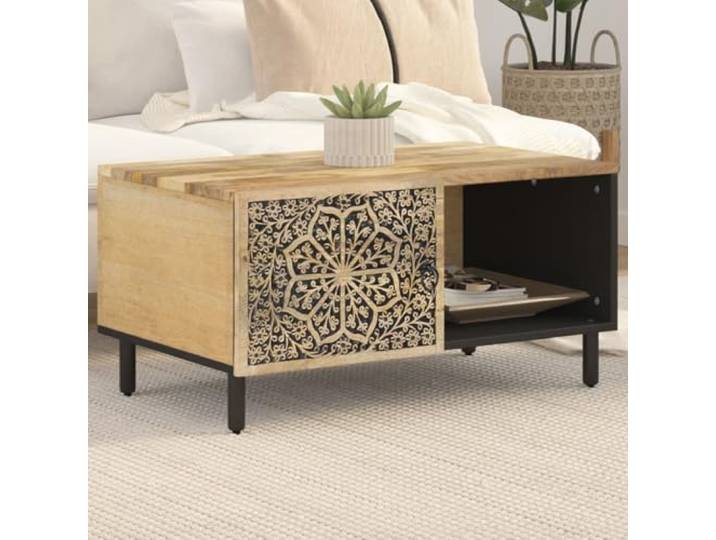 HEFZGDB Couchtisch 80x50x40 cm Massivholz Mango mit Eisenbeinen und Stauraum, Retro-Stil Beistelltisch mit robuster Tischplatte und praktischer Tür für Wohnzimmer