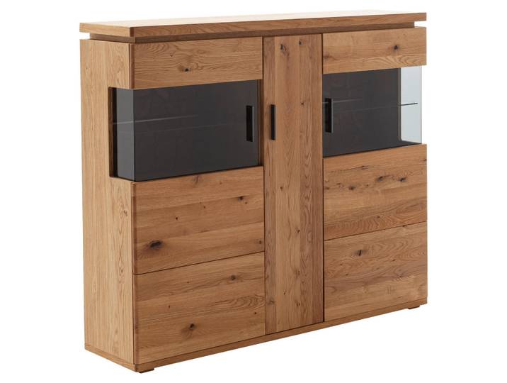 Linea Natura Highboard, Eichefarben, Holz, Glas, Holzwerkstoff, Eiche, massiv, 9 Fächer, 150x128x37 cm, Typenauswahl, stehend, Kleinmöbel, Kommoden, Highboards