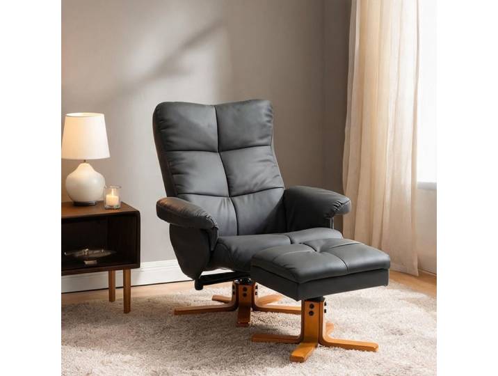 Fauteuil relax design contemporain avec pouf et rangement 360° rotatif simili cuir gris froid