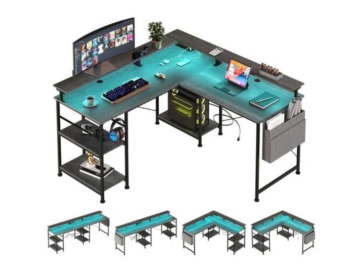 Bureau en L bande lumineuse RGB étagère de rangement ports de recharge adapté au travail de bureau et aux jeux vidéo gris