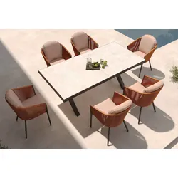 OUTFLEXX Tavio Garten-Essgruppe, schwarz/orange, Alu/Rope-Geflecht, Tisch 200/260 x 100 cm, 6 Diningsessel, ausziehbar