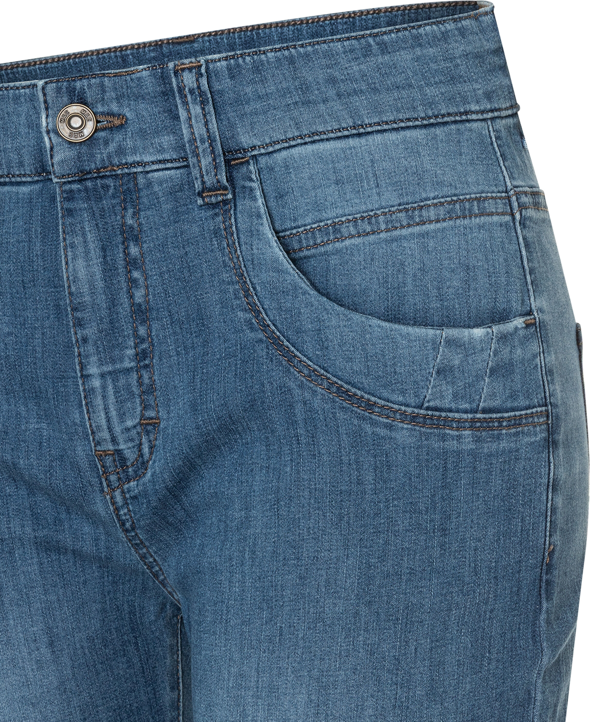 Caprijeans MAC "CAPRI", Damen, Gr. 34, N-Gr, blau (venice beach wash), Denim/Jeans, Obermaterial: 98% Baumwolle, 2% Elasthan, figurbetont kniebedeckend, Jeans Caprijeans, Eingelegte Zierfalten am Saum venice beach wash 34, N-Gr