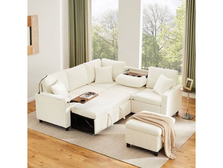 Canapé d'angle convertible - ZEVKOR - 4 places - lit escamotable - pouf coffre - chenille beige