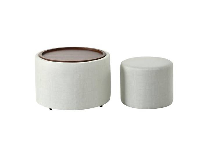 Nordischer Skandinavischer Nesting Hocker 2er Set mit Leinenbezug und Holzablage - Multifunktionale Quadratische Ottomane als Sitzhocker & Fußstütze, 58 cm Rund, Beige