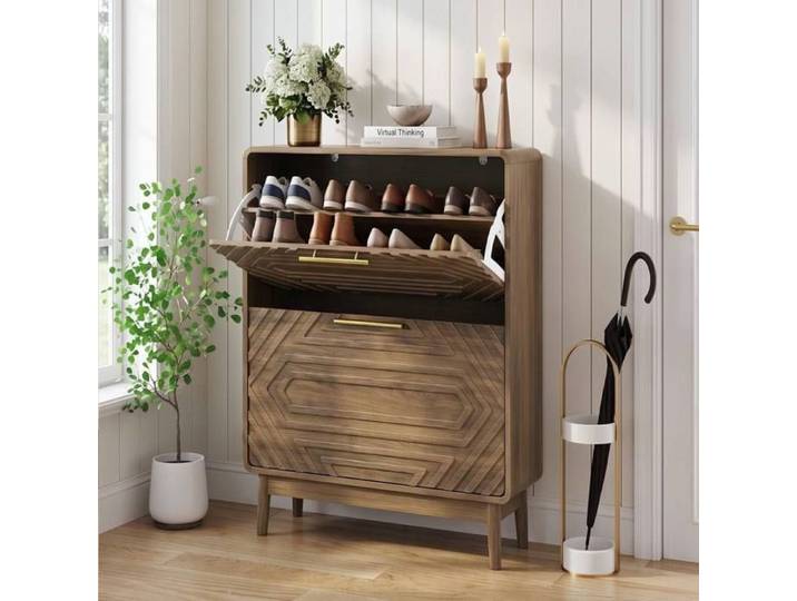 MEUBLIV Meuble à chaussures 60 cm noyer 2 compartiments basculants et étagère ouverte