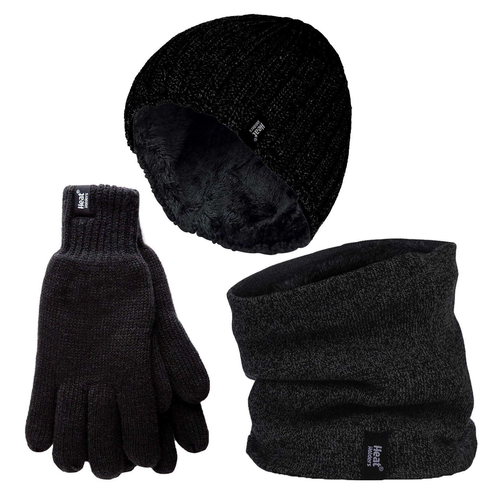 Herren Mütze, Halswärmer & Handschuhe Set | Wärmehalter | Winter gestricktes warmes Accessoires Set - Schwarz