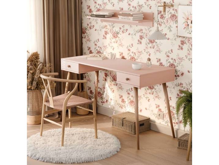 Bureau Droit VALERIO - avec 2 tiroirs - 135x55x79 cm - Coiffeuse - Rose