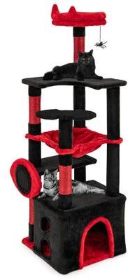 Costway Gothic Cat Tree with Plush Perch and Spider Dangling Toy-Black & Red