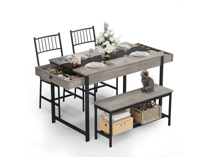 GarveeHome Platzsparendes Esszimmer-Set Für 4 Personen Rechteckiger Küchentisch mit Bank & 2 Stühlen, Landhausstil mit Ablagefach & Schubladen