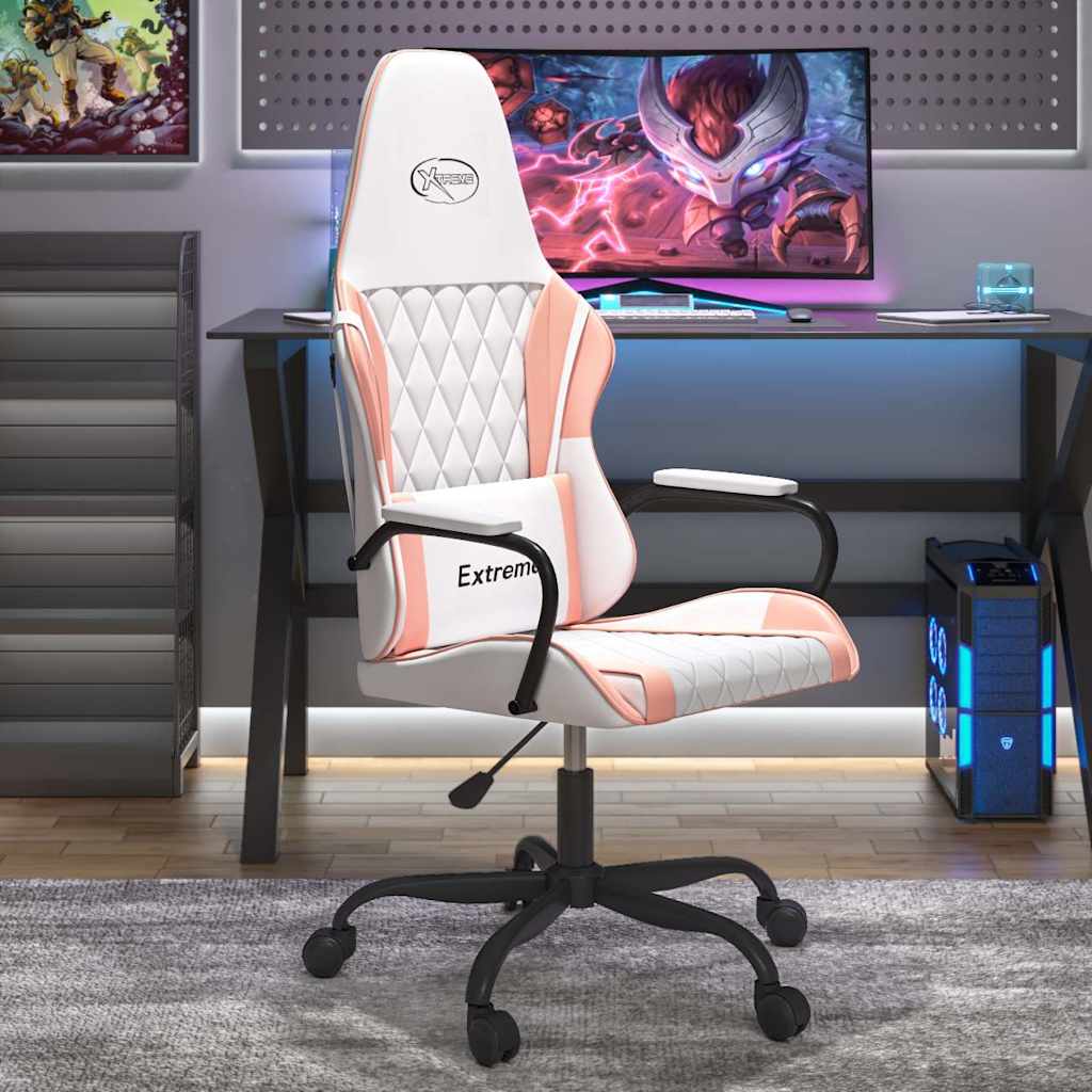 vidaXL Silla gaming de masaje cuero sintético blanco y rosa Rosa