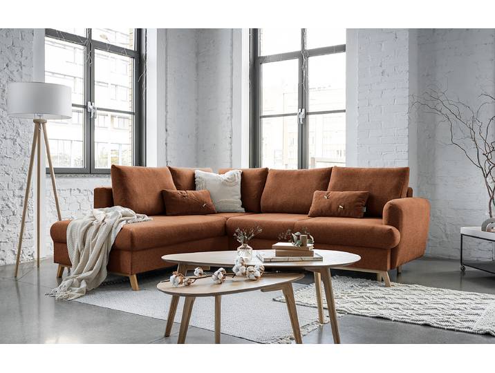 Ecksofa mit OT und Schlaffunktion Orange/Braun/Braun Chenille Marisa 242 x 90 x 202cm Ecke davorstehend links mit Schlaffunktion Modern