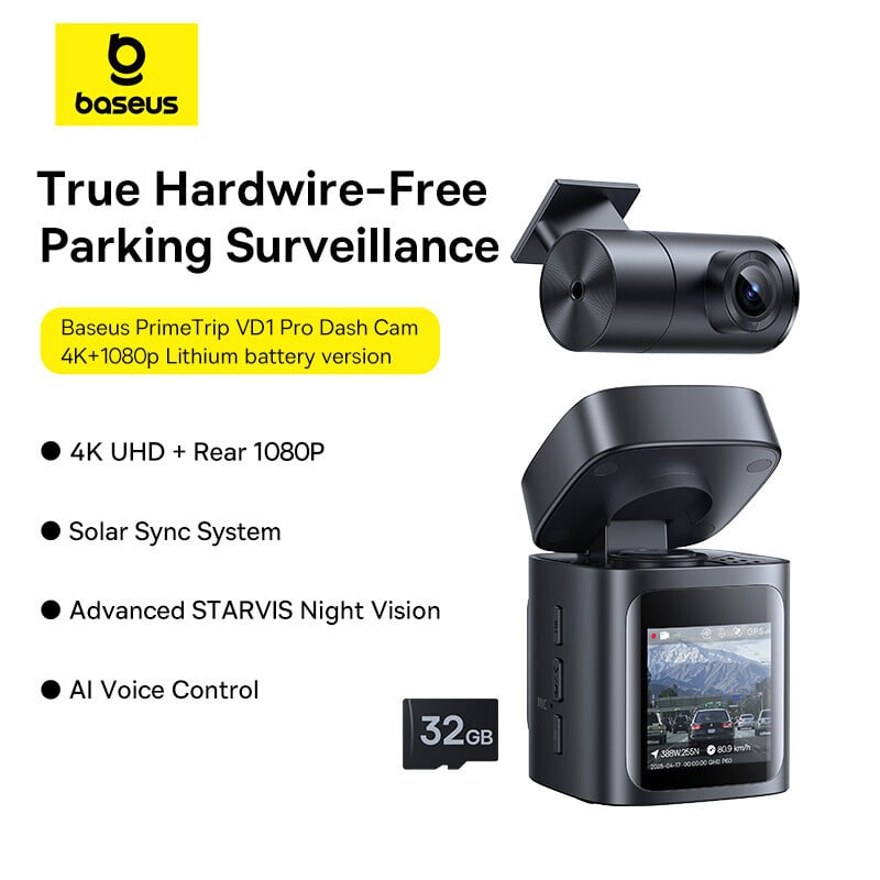 Baseus PrimeTrip VD1 Pro Dashcam 4K + 1080p met lithiumbatterij, Cosmin-zwart