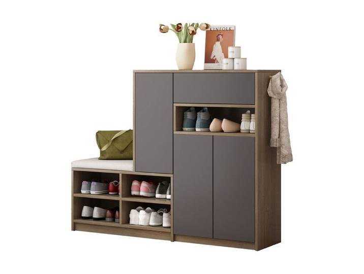 Armoire à chaussures de Chaussures et armoire étagère à chaussures multifonctionnelle avec siège rembourré gris L140 / T35 / H110cm