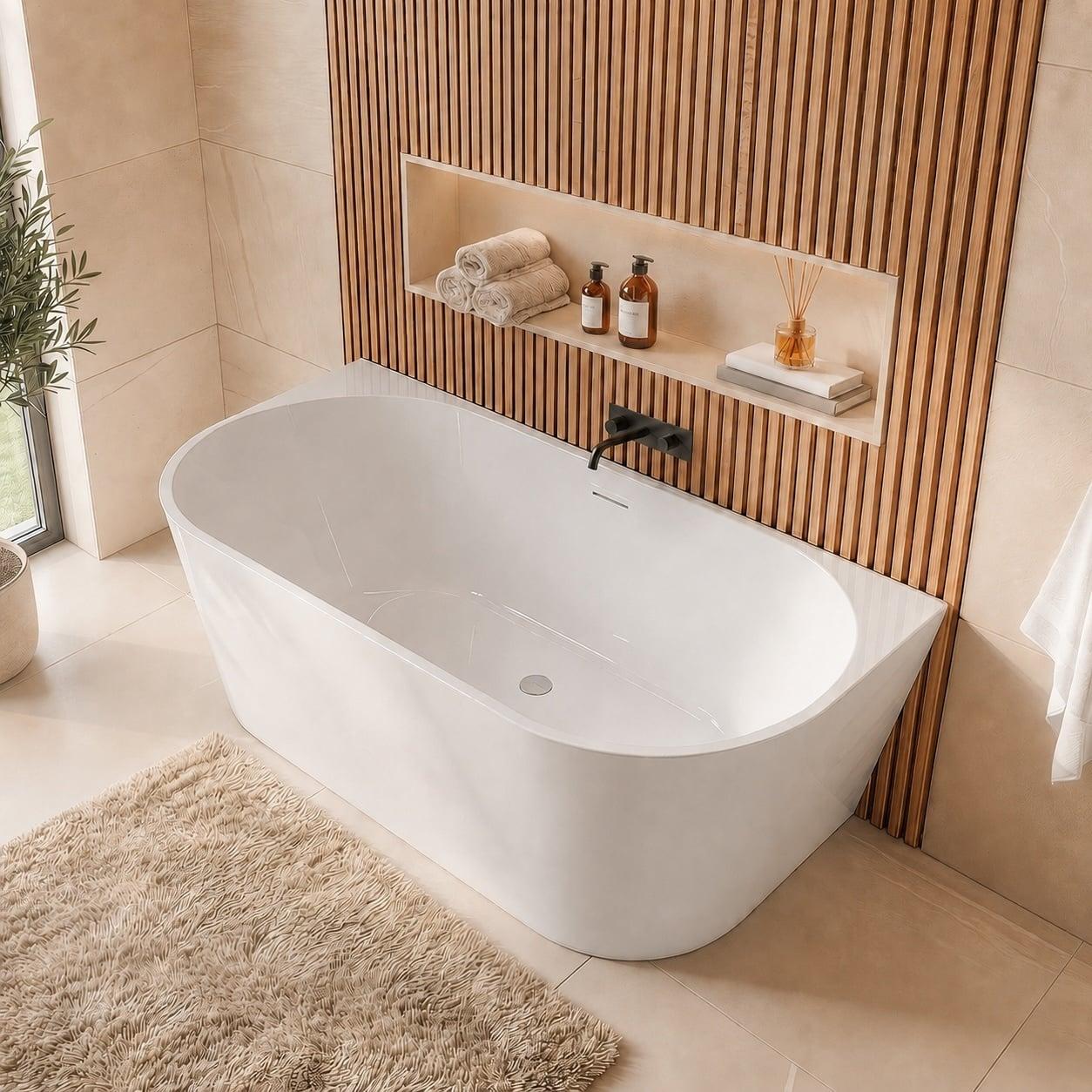 Badplaats Halb Freistehende Badewanne Isia 170 x 75 x 60 cm Weiß Hochglanz - Standbadewanne aus Acryl mit Mit Überlauf und Abflussstopfen