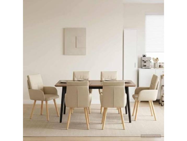 KTHLBRH Esszimmerstuehle 4 STK. Stoff Creme 60 x 56 x 96 cm Metallrahmen, Polyesterbezug, Kautschukholzbeine, Armlehnen, abwischbar