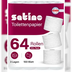 64 Rollen Toilettenpapier 3-lagig – aus 100% Zellstoff - Made in Germany - 8 Packs á 8 Rollen á 150 Blatt - Satino
