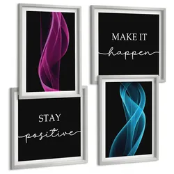 BILDER SET 4er Set - 50x50 cm & 40x60 cm Silberner Rahmen - Neonlinienwellen im Hintergrund