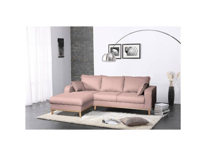 Ecksofa mit Longchair Violett/Mauve Webstoff Posy 230 x 86 x 150cm Longchair davorstehend links Skandi