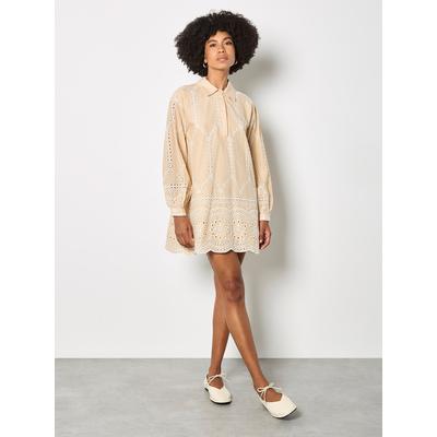 Minikleid APRICOT "Minikleid aus Baumwolle", Damen, Gr. M (38), N-Gr, weiß (stein), gewebt, Obermaterial: 100% Baumwolle CO., 1-Knopf-Manschetten, Kleider Minikleid, mit Stickerei