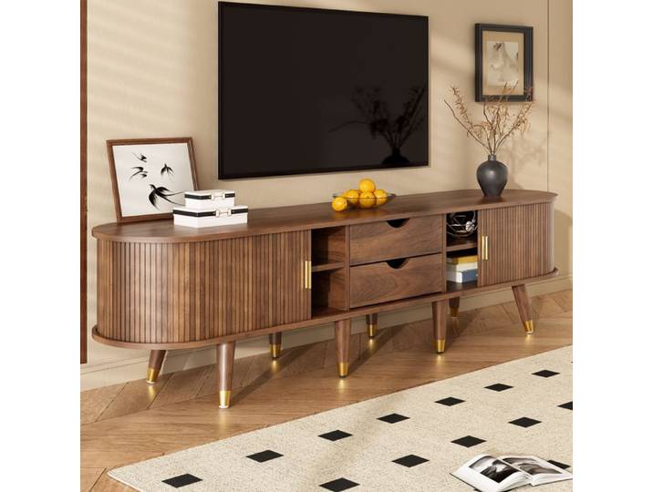 Meuble TV Bas - 175 cm - Rotin et Bois Effet Noyer - Porte Coulissante - Buffet Télévision - Style Rustique