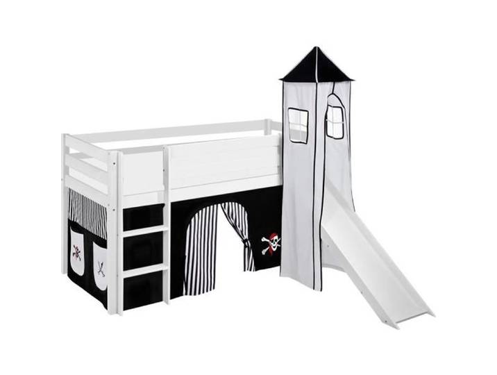 Lit surélevé ludique JELLE 90 x 190 cm Pirate noir blanc-S - avec rideaux tour et toboggan - LILOKIDS - blanc laqué