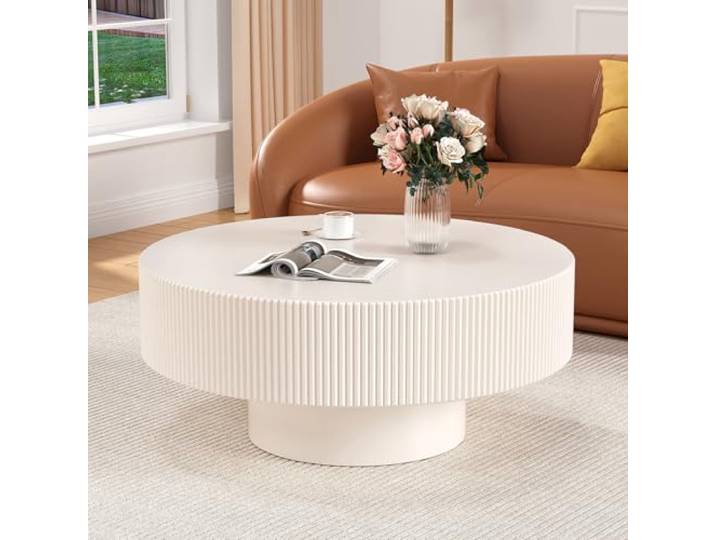Runder Trommel-Couchtisch (Hellweiß 78,5 cm) Modernes gerifftes Holz-Tee-Tisch, zeitgenössischer Mitteltisch für Wohnzimmer