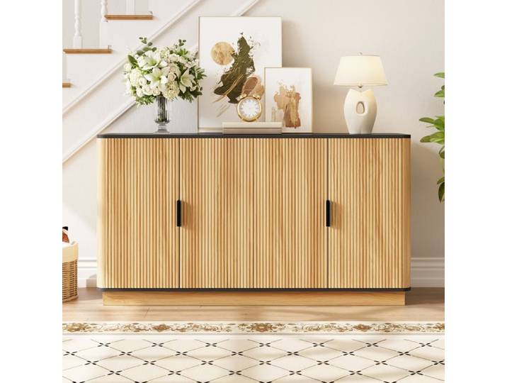 Buffet 4 Portes à Texture Verticale Finition Bois Naturel Polyvalent