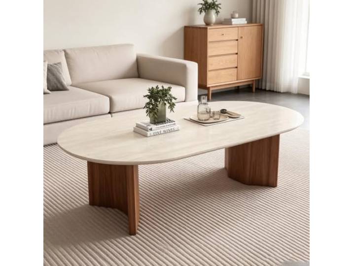 Moderner luxuriöser Couchtisch aus Massivholz handgefertigt ohne Furnier Couchtisch mit eleganter Steinimitat-Oberfläche, stabiler Massivholzfuß(Walnut,47.2x23.6in)