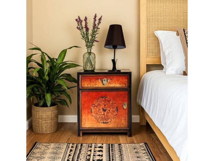 OPIUM OUTLET Asiatische Nacht-Kommode chinesischer Nachttisch orientalisches Nacht-Kästchen Schlafzimmer-Kommode Vintage-Stil schwarz-orange