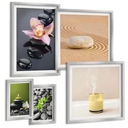 BILDER SET 5er Set - 50x50 cm & 20x30 cm & 40x60 cm Silberner Rahmen - Der Frieden der Natur mit Buddha