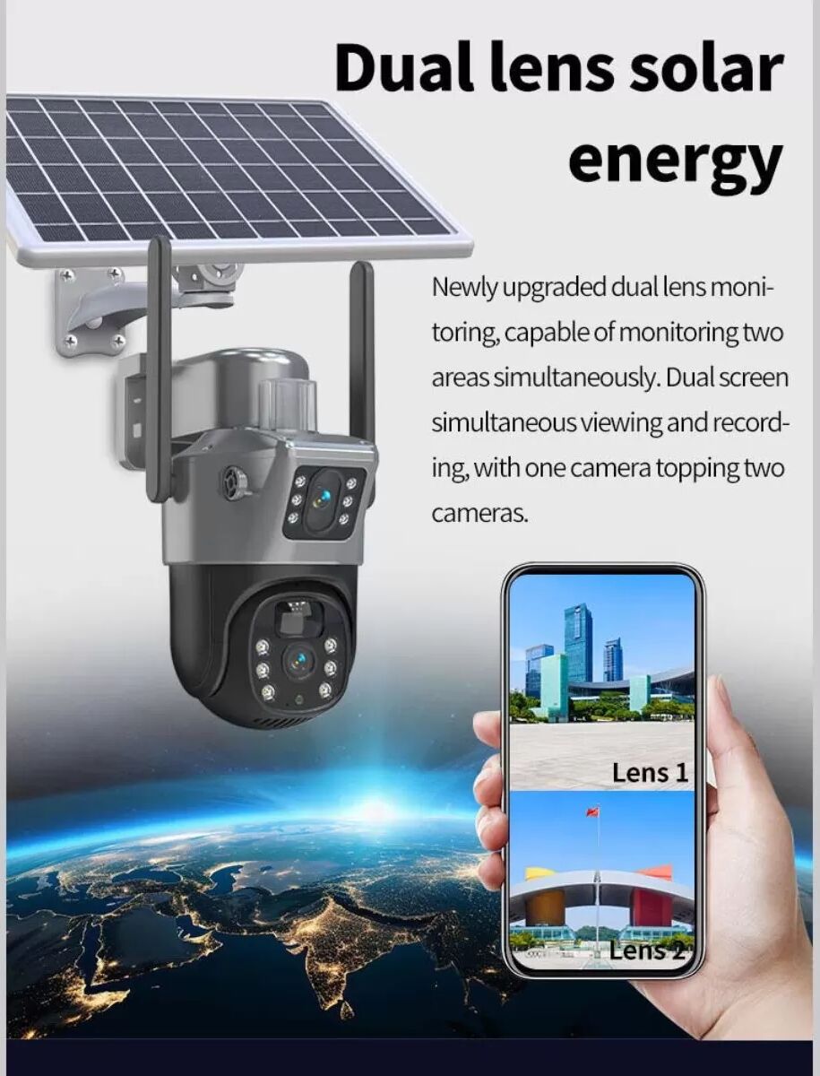 INF Dual-Lens Solar-Kamera: Solar WiFi CCTV mit 128GB Speicherkarte für die Remote-Haussicherheit Schwarz